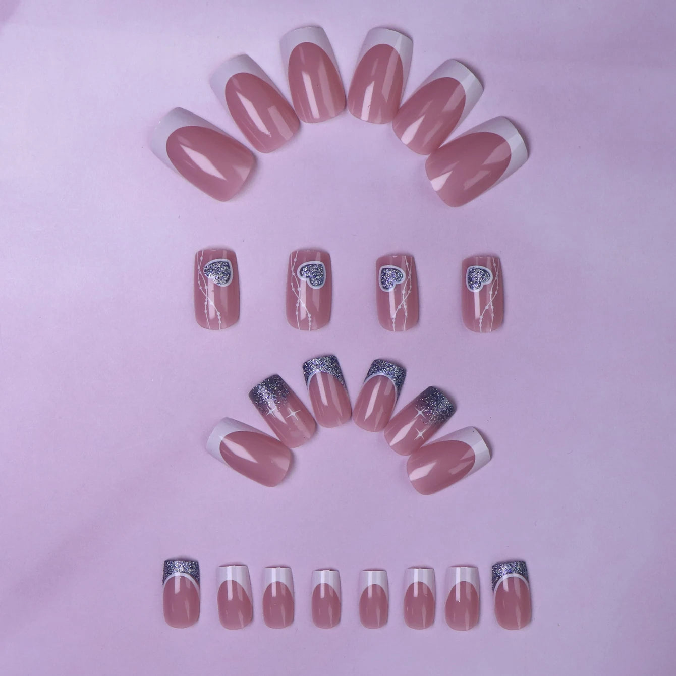 24 PCs Short French Pop Heart Nails