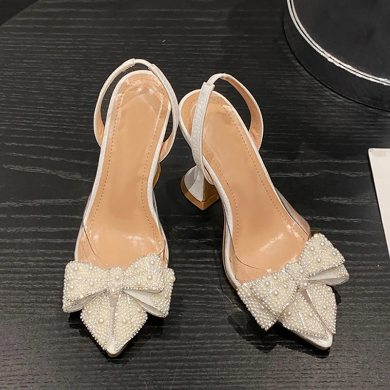 White pearl bow knot heels