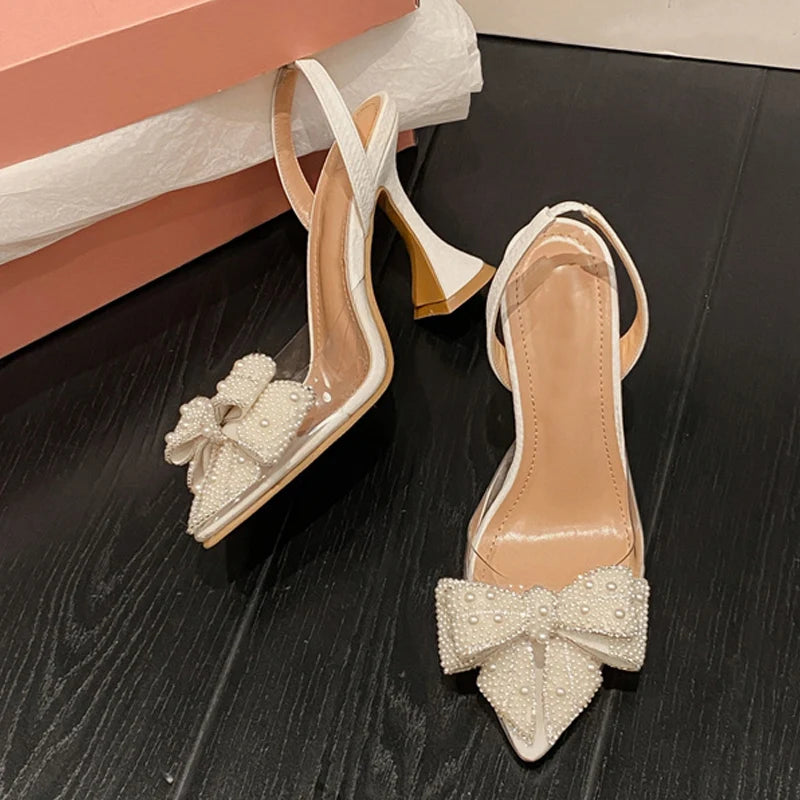 White pearl bow knot heels