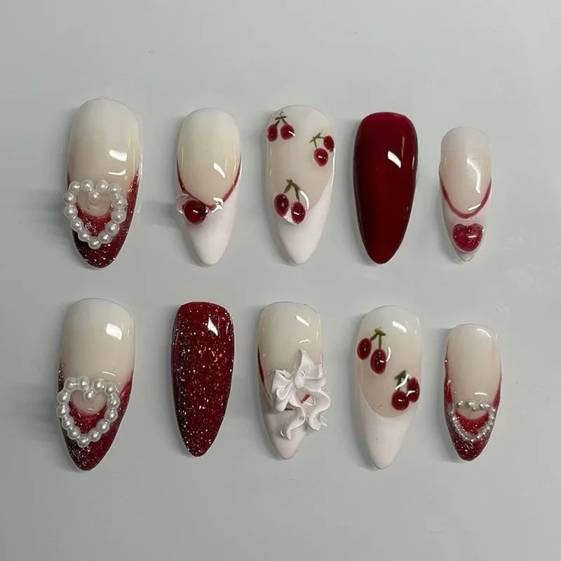 24pcs Wearable False Nail Strawberry Bow Design Nails Tips Red Short Almond Pearl Starlight Fake Nail Art Flower Press on Nails