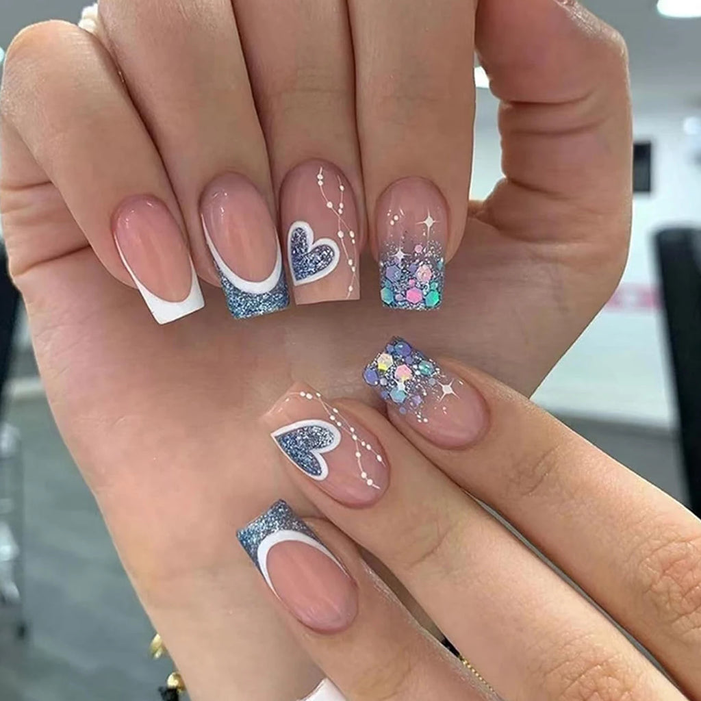 24 PCs Short French Pop Heart Nails